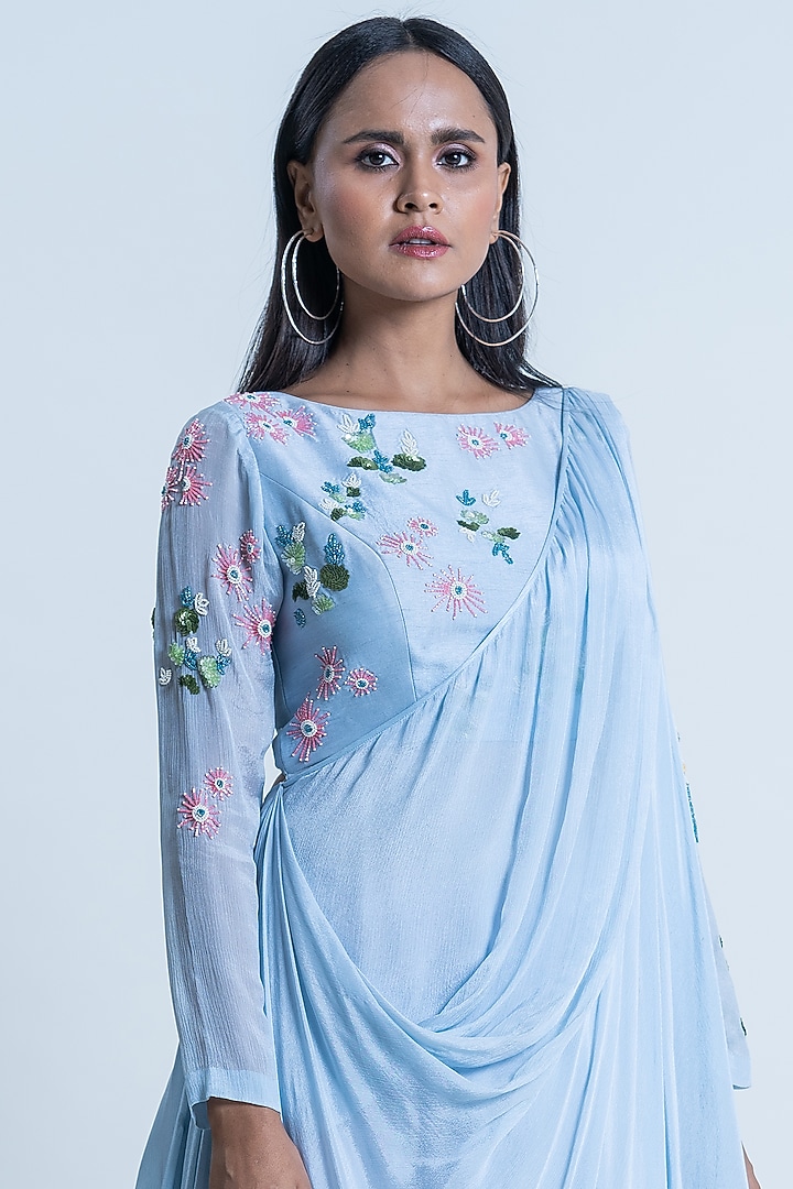 Ice Blue Chiffon Draped Skirt Set by Nautanky By Nilesh Parashar at Pernia's Pop Up Shop