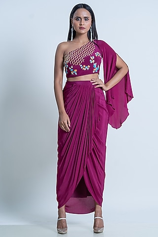 Plum Crepe Ruffled Skirt Set by Nautanky By Nilesh Parashar