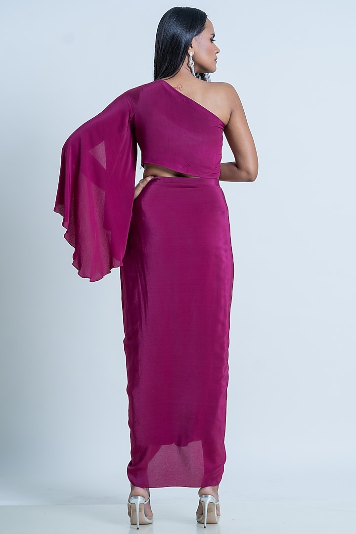 Plum Crepe Ruffled Skirt Set by Nautanky By Nilesh Parashar at Pernia's Pop Up Shop