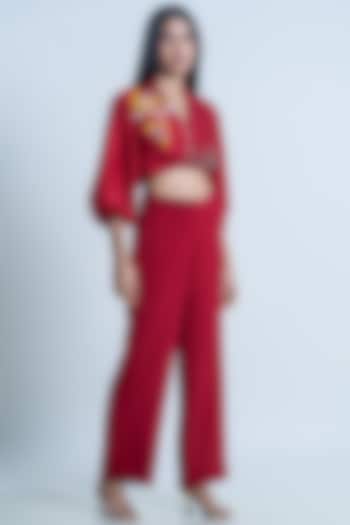 Ruby Red Crepe Pant Set by Nautanky By Nilesh Parashar at Pernia's Pop Up Shop