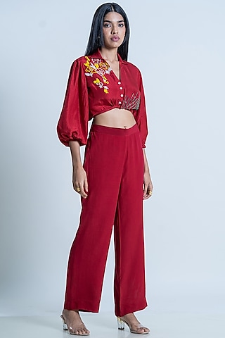 Ruby Red Crepe Pant Set by Nautanky By Nilesh Parashar