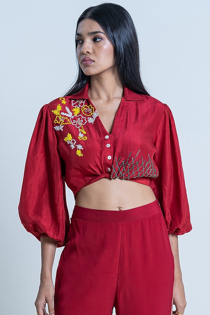 Ruby Red Crepe Pant Set by Nautanky By Nilesh Parashar at Pernia's Pop Up Shop