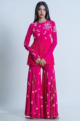Fuchsia Hand Embroidered Sharara Set by Nautanky By Nilesh Parashar