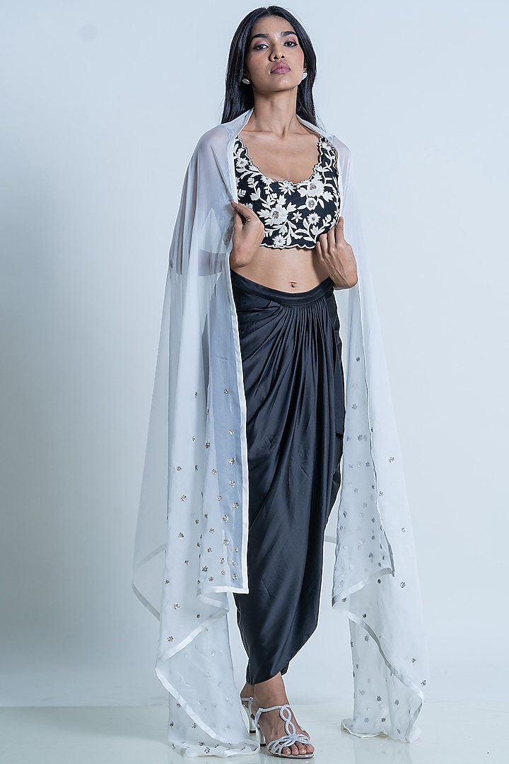 Black Satin Ruffled Skirt Set by Nautanky By Nilesh Parashar