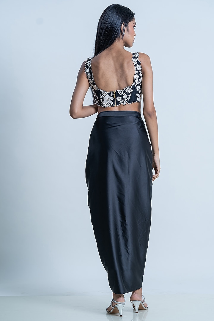 Black Satin Ruffled Skirt Set by Nautanky By Nilesh Parashar at Pernia's Pop Up Shop
