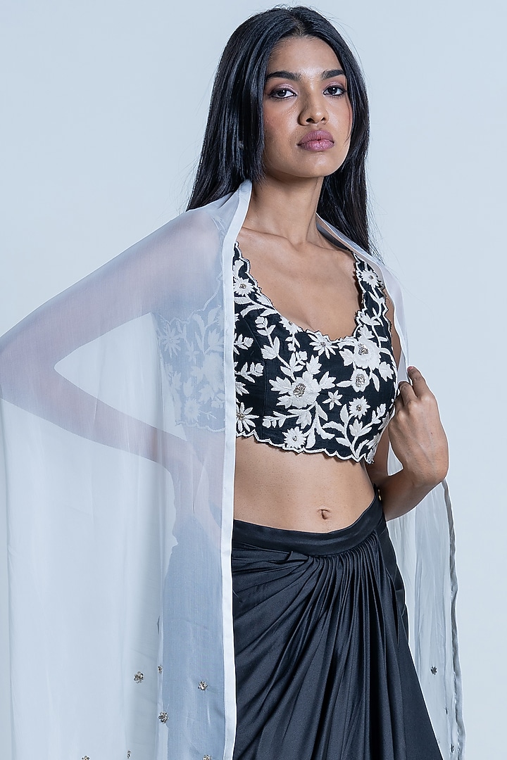 Black Satin Ruffled Skirt Set by Nautanky By Nilesh Parashar at Pernia's Pop Up Shop