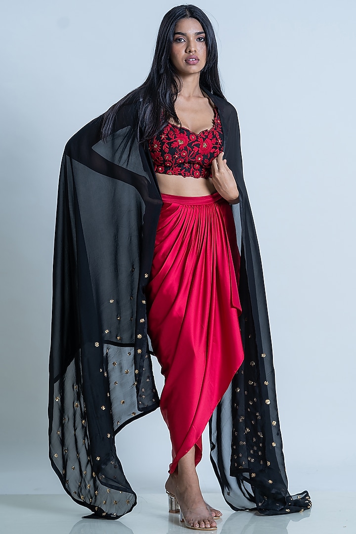 Red Satin Ruffled Skirt Set by Nautanky By Nilesh Parashar