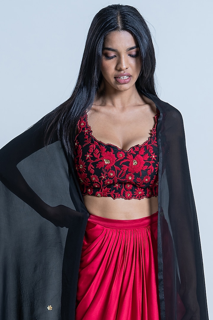 Red Satin Ruffled Skirt Set by Nautanky By Nilesh Parashar at Pernia's Pop Up Shop