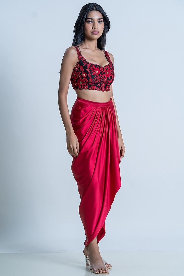 Red Satin Ruffled Skirt Set by Nautanky By Nilesh Parashar at Pernia's Pop Up Shop