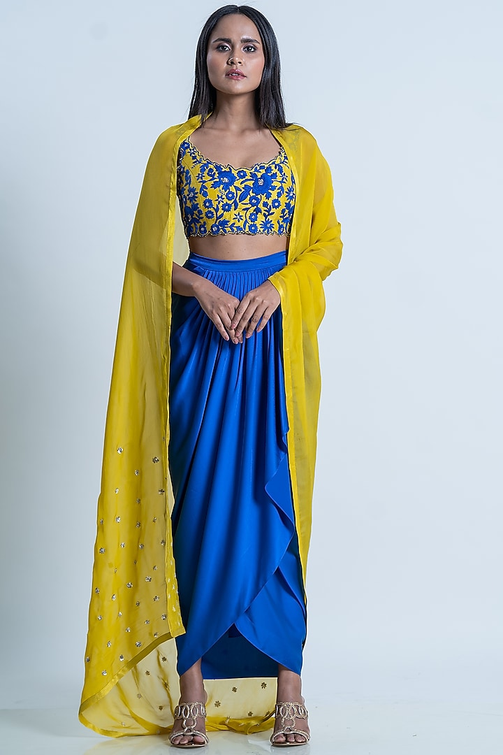 Electric Blue Satin Ruffled Skirt Set by Nautanky By Nilesh Parashar