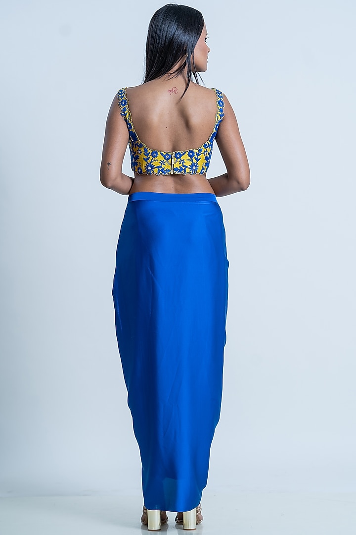Electric Blue Satin Ruffled Skirt Set by Nautanky By Nilesh Parashar at Pernia's Pop Up Shop