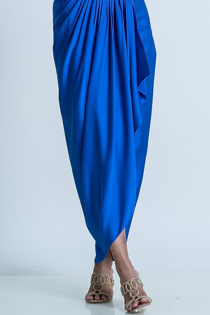 Electric Blue Satin Ruffled Skirt Set by Nautanky By Nilesh Parashar at Pernia's Pop Up Shop