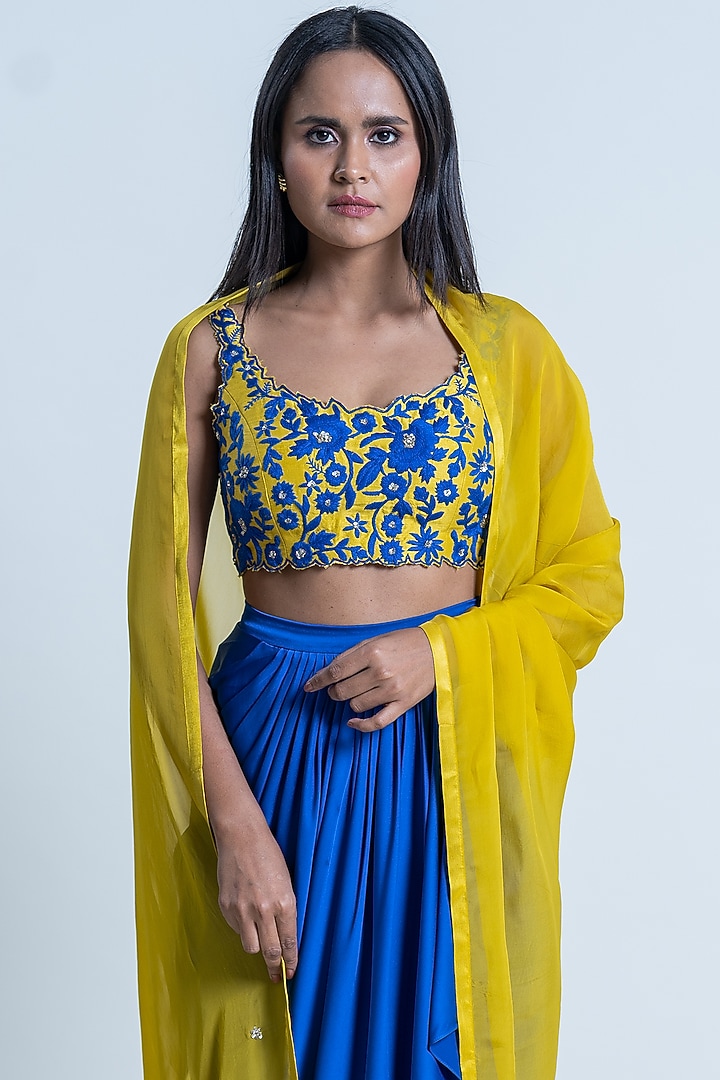 Electric Blue Satin Ruffled Skirt Set by Nautanky By Nilesh Parashar at Pernia's Pop Up Shop