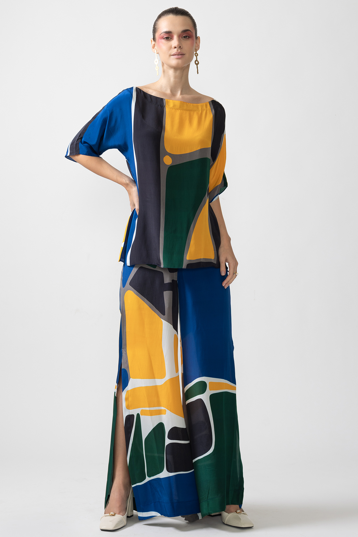 Multi-Colored Neoprene & Natural Crepe Abstract Printed Co-Ord Set by Nautanky By Nilesh Parashar at Pernia's Pop Up Shop