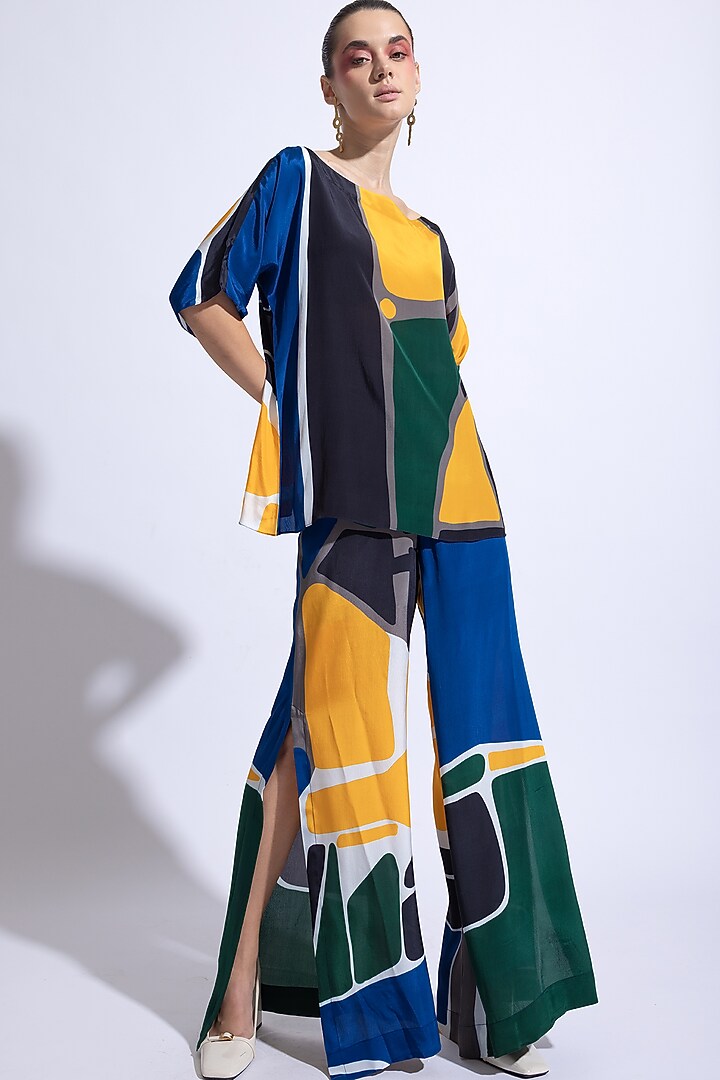 Multi-Colored Neoprene & Natural Crepe Abstract Printed Co-Ord Set by Nautanky By Nilesh Parashar at Pernia's Pop Up Shop
