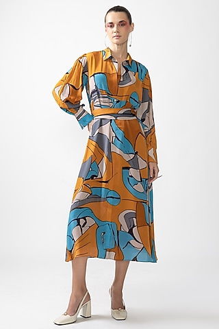 Mustard & Blue Neoprene & Chiffon Printed Maxi Dress by Nautanky By Nilesh Parashar