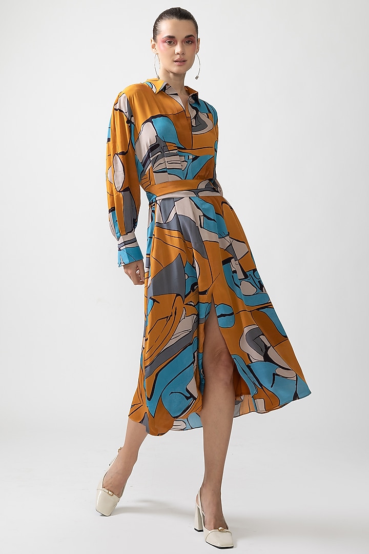 Mustard & Blue Neoprene & Chiffon Printed Maxi Vacation Dress by Nautanky By Nilesh Parashar at Pernia's Pop Up Shop