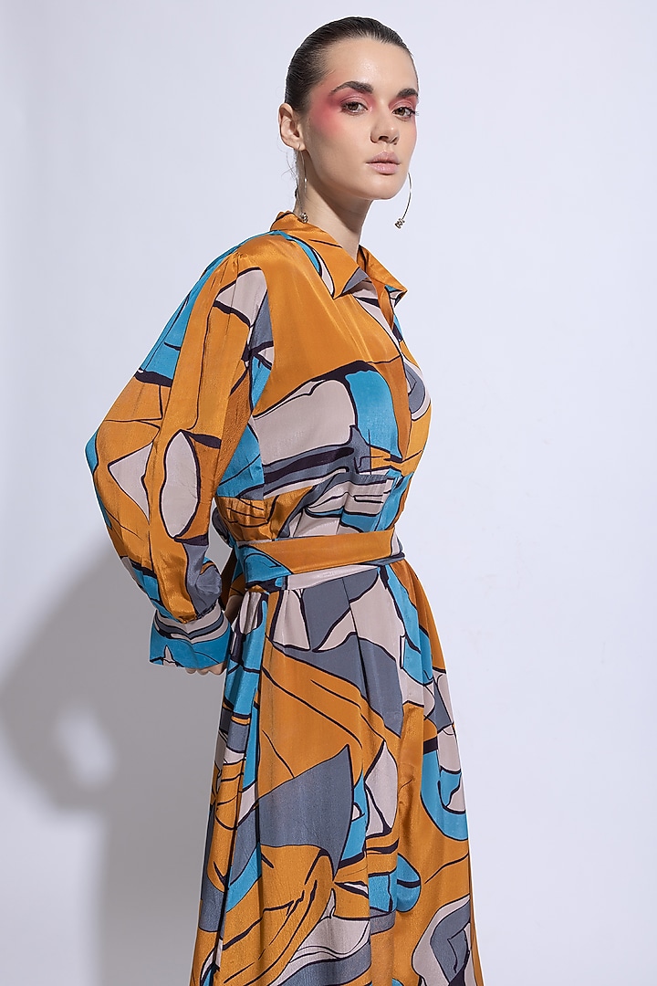 Mustard & Blue Neoprene & Chiffon Printed Maxi Vacation Dress by Nautanky By Nilesh Parashar at Pernia's Pop Up Shop