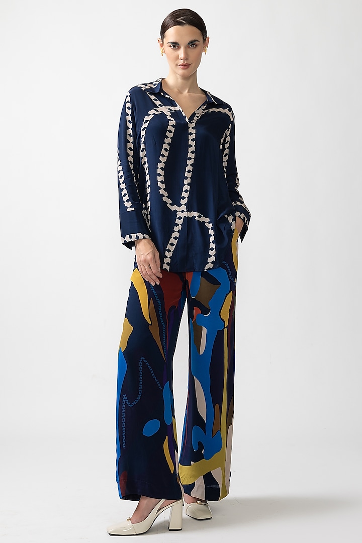 Blue Neoprene & Chiffon Co-Ord Set by Nautanky By Nilesh Parashar at Pernia's Pop Up Shop