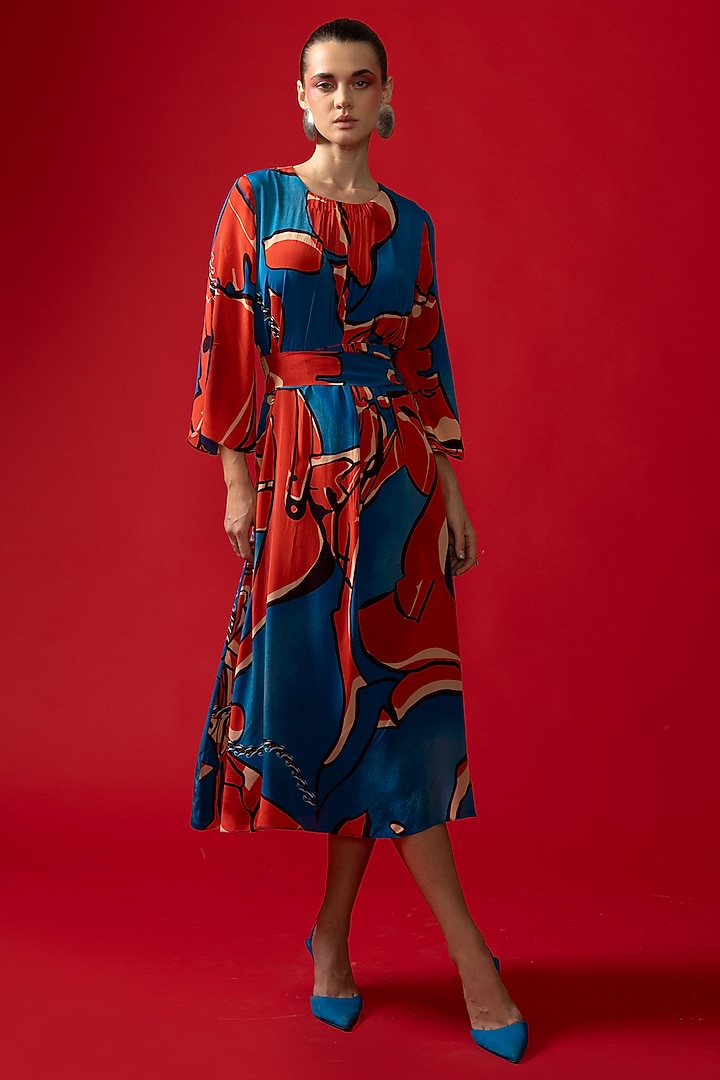 Blue & Red Natural Crepe Printed Maxi Vacation Dress by Nautanky By Nilesh Parashar at Pernia's Pop Up Shop