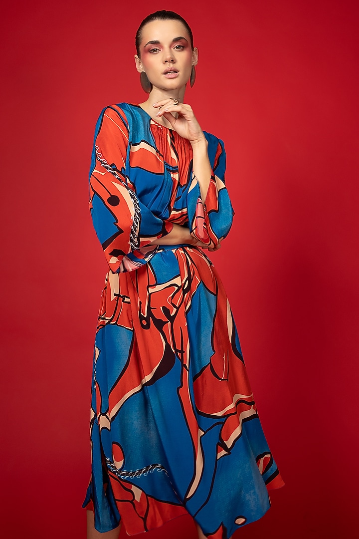 Blue & Red Natural Crepe Printed Maxi Vacation Dress by Nautanky By Nilesh Parashar at Pernia's Pop Up Shop