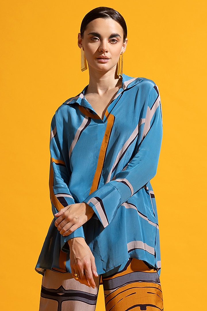 Light Blue Natural Crepe Printed Co-Ord Set by Nautanky By Nilesh Parashar at Pernia's Pop Up Shop