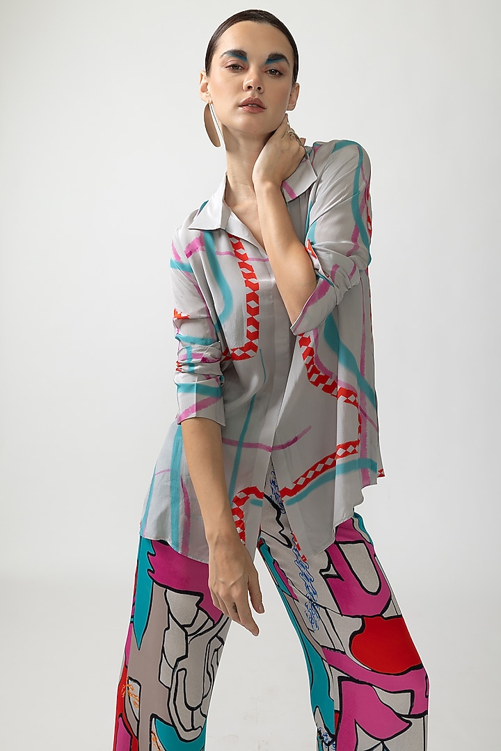 Grey Natural Crepe Printed Co-Ord Set by Nautanky By Nilesh Parashar at Pernia's Pop Up Shop
