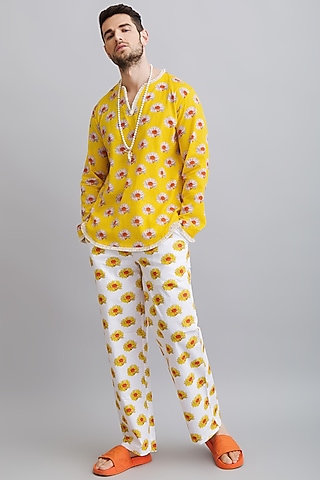 Yellow Fine Cotton Pant Set by Nautanky By Nilesh Parashar Men