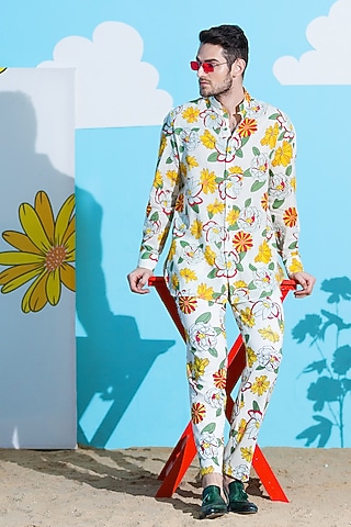 White Neoprene Printed Pant Set by Nautanky By Nilesh Parashar Men