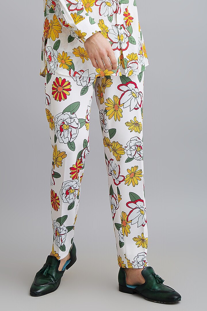 White Neoprene Printed Pant Set by Nautanky By Nilesh Parashar Men at Pernia's Pop Up Shop