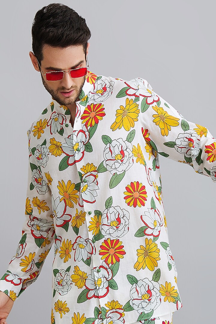 White Neoprene Printed Pant Set by Nautanky By Nilesh Parashar Men at Pernia's Pop Up Shop