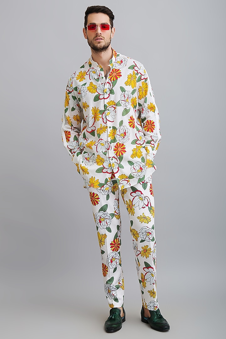 White Neoprene Printed Pant Set by Nautanky By Nilesh Parashar Men at Pernia's Pop Up Shop