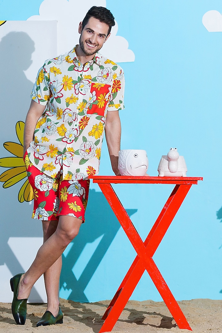 White & Red Neoprene Printed Co-Ord Set by Nautanky By Nilesh Parashar Men at Pernia's Pop Up Shop
