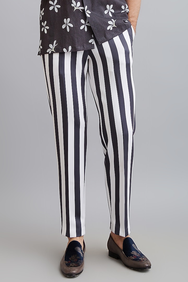 White Neoprene Striped Pant Set by Nautanky By Nilesh Parashar Men at Pernia's Pop Up Shop