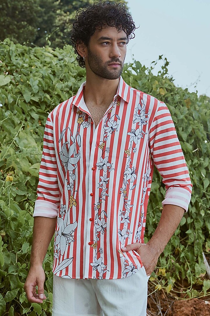 White & Red Polyester Floral Printed Co-Ord Set by Nautanky By Nilesh Parashar Men at Pernia's Pop Up Shop