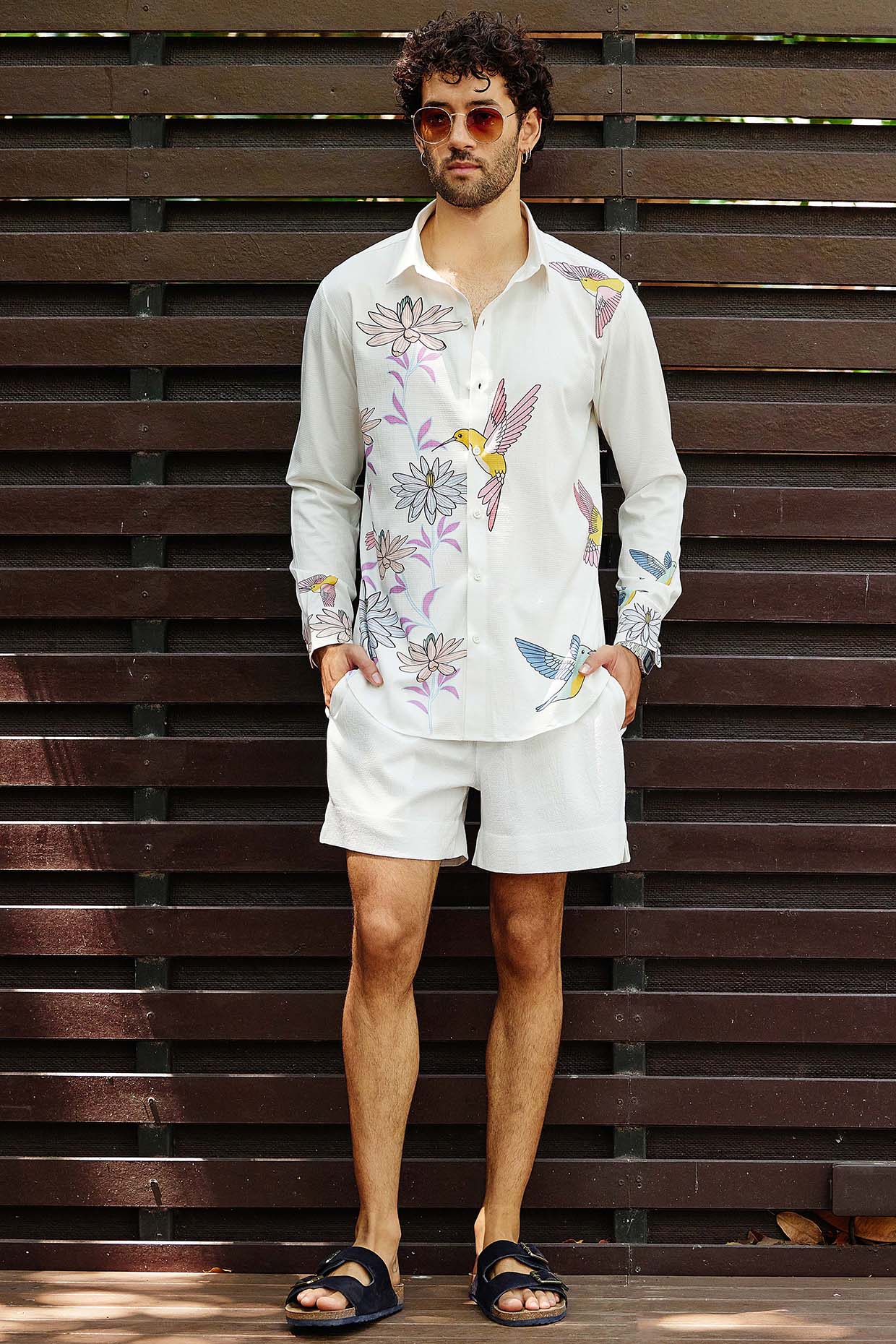 White Polyester Bird Printed Co-Ord Set by Nautanky By Nilesh Parashar Men
