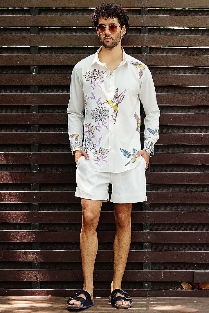 White Polyester Bird Printed Co-Ord Set by Nautanky By Nilesh Parashar Men
