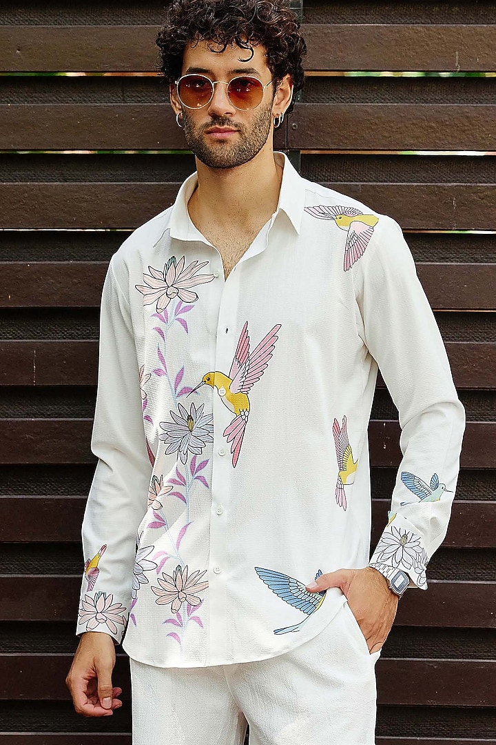 White Polyester Bird Printed Co-Ord Set by Nautanky By Nilesh Parashar Men at Pernia's Pop Up Shop