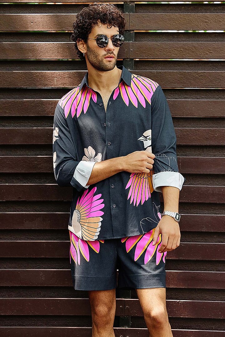Black Fluid Cotton Printed Co-Ord Set by Nautanky By Nilesh Parashar Men at Pernia's Pop Up Shop