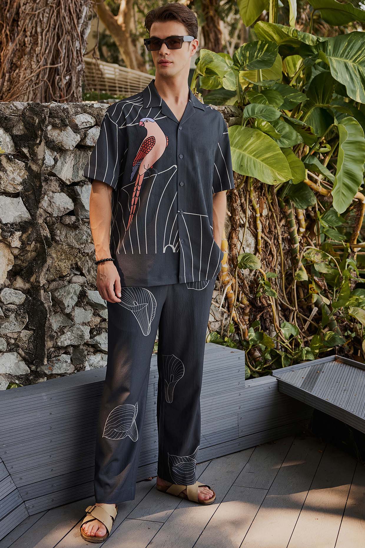 Charcoal Grey Fluid Cotton Printed Co-Ord Set by Nautanky By Nilesh Parashar Men