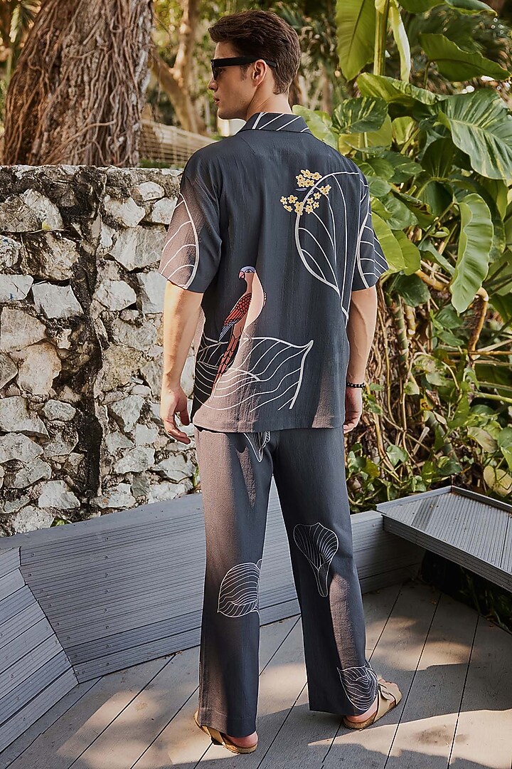 Charcoal Grey Fluid Cotton Printed Co-Ord Set by Nautanky By Nilesh Parashar Men at Pernia's Pop Up Shop