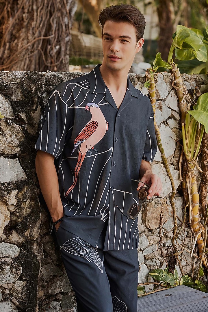 Charcoal Grey Fluid Cotton Printed Co-Ord Set by Nautanky By Nilesh Parashar Men at Pernia's Pop Up Shop