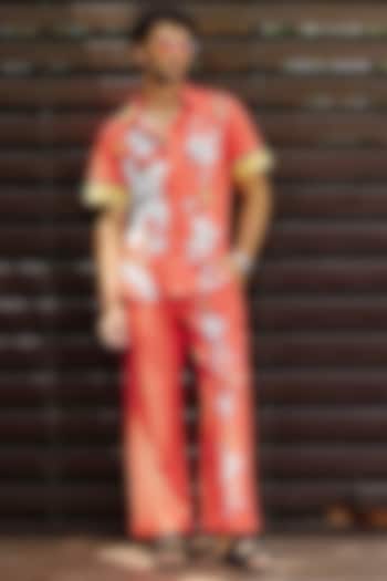 Red Polyester Floral Printed Pant Set by Nautanky By Nilesh Parashar Men