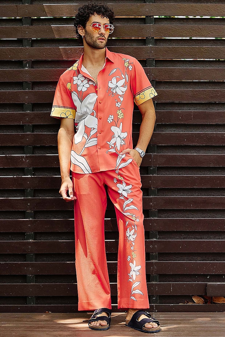 Red Polyester Floral Printed Pant Set by Nautanky By Nilesh Parashar Men