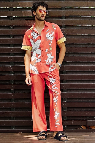 Red Polyester Floral Printed Pant Set by Nautanky By Nilesh Parashar Men
