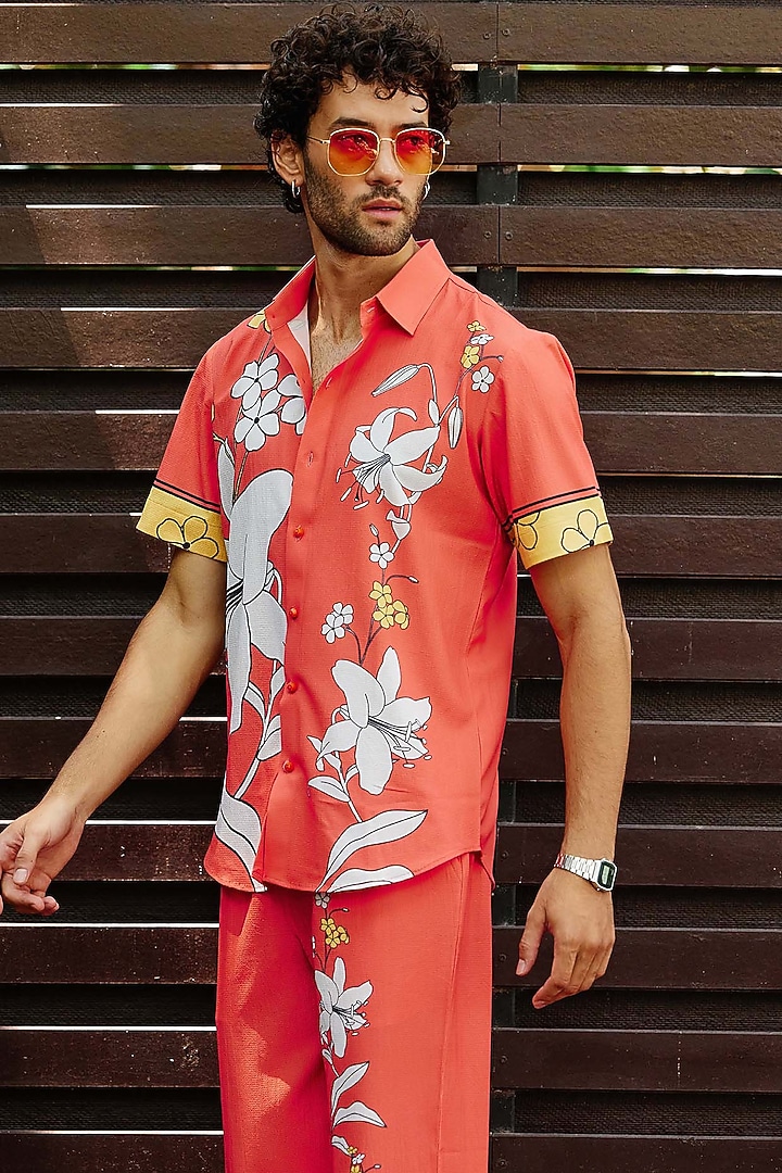 Red Polyester Floral Printed Pant Set by Nautanky By Nilesh Parashar Men at Pernia's Pop Up Shop