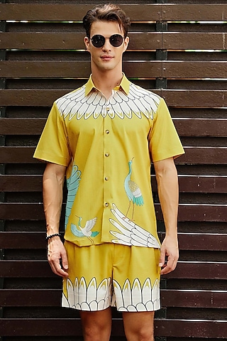 Yellow Polyester Printed Co-Ord Set by Nautanky By Nilesh Parashar Men