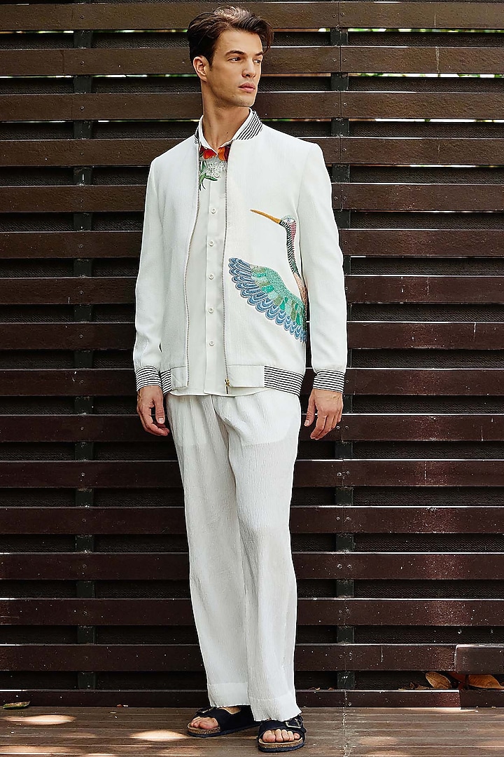 White Polyester Hand Embroidered Jacket Set by Nautanky By Nilesh Parashar Men