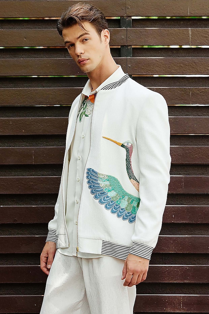 White Polyester Hand Embroidered Jacket Set by Nautanky By Nilesh Parashar Men at Pernia's Pop Up Shop