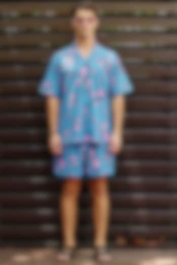 Teal Blue Fluid Cotton Printed Co-Ord Set by Nautanky By Nilesh Parashar Men
